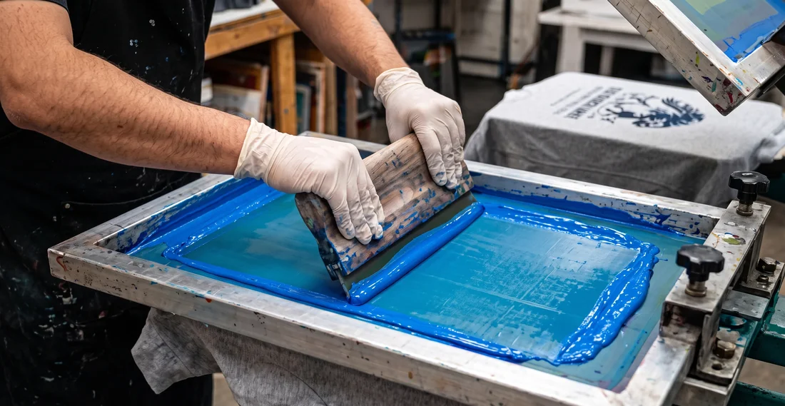 Aplicación de tinta azul sobre una pantalla de serigrafía